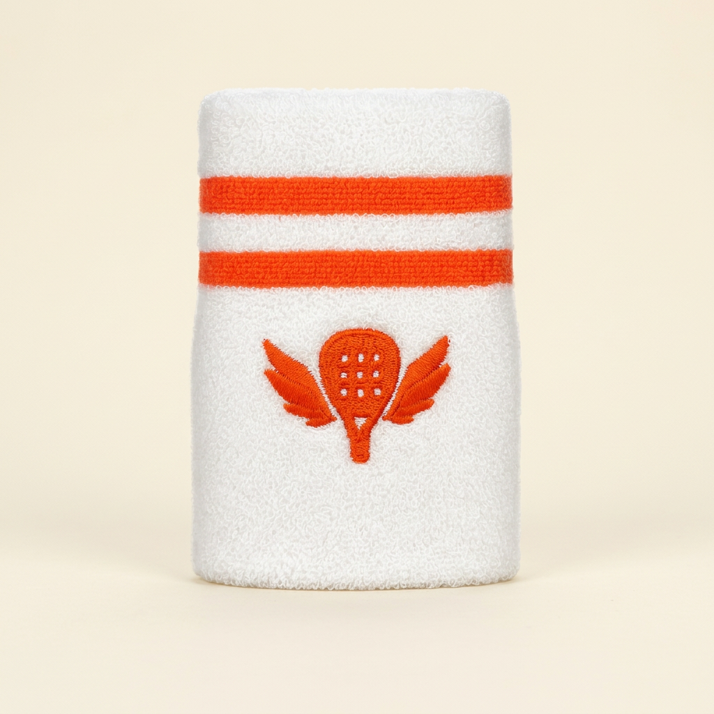 The Organic Cotton Wristband, white padel sweatband with orange stripes, a padel stocking filler | The Hud