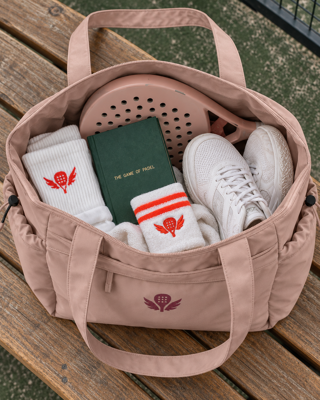 A blush pink tote bag sits open on a wooden bench, filled with white athletic socks, a green book, white sneakers, and a pink perforated shoe cover. The bag has a matching pink embroidered winged emblem on the front pocket.
