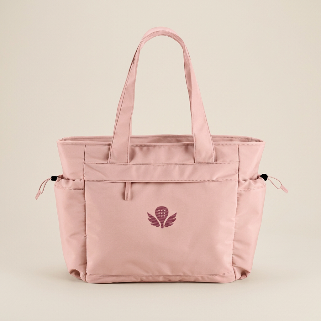 A light pink tote bag with dual top handles, side drawstring pockets, and a small winged floral logo on the front, photographed against a plain beige background. Perfect padel gift for her